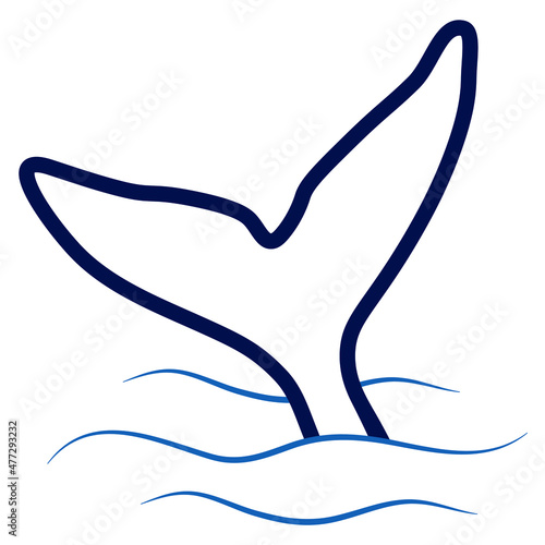 Humpback whale tail in waves minimalist simple outline vector logo illustration. Isolated contour whale drawing on white background