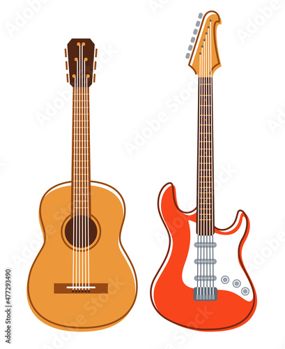 Electric and acoustic guitar vector flat illustrations set isolated over white, instruments shop.