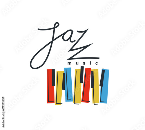 Jazz music emblem or logo vector flat style illustration isolated, grand piano logotype for recording label or studio or musical band.