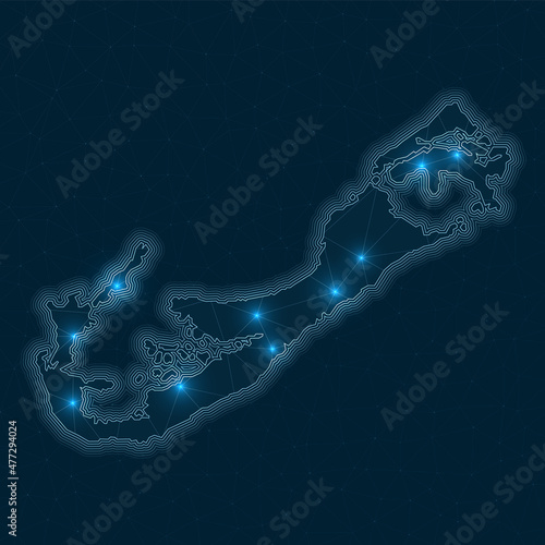 Bermuda network map. Abstract geometric map of the island. Digital connections and telecommunication design. Glowing internet network. Radiant vector illustration.