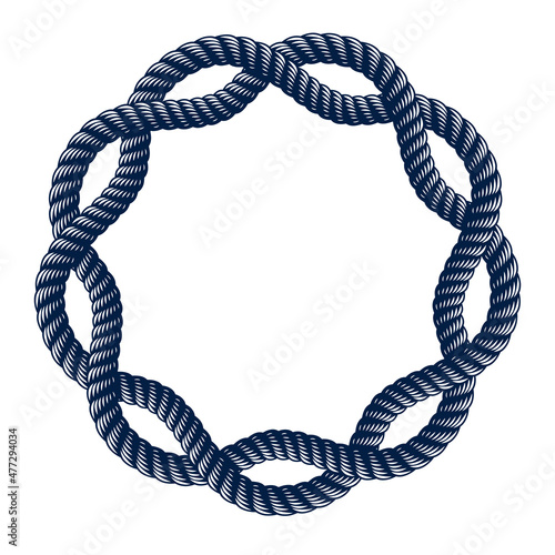 Round frame from rope, vector design element, circle shape border, sailing marine theme.