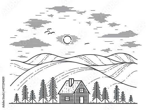 Cabin in grasslands and meadows linear vector nature illustration isolated on white, pine forest log cabin cottage for rest, holidays and vacations theme line art drawing