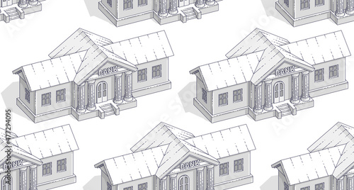 Bank buildings seamless background, backdrop for financial business or banking website or economical theme ads and information, credits and savings, vector wallpaper or web site background.