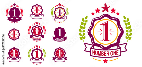 First place number one business success and triumph vector labels set isolated over white, graphic design elements, geometric vintage classic emblems collection, simplistic old style icons.
