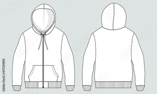 Long sleeve hoodie with Zipper and Pocket technical fashion Drawing sketch template front and back view. apparel dress design vector illustration mock up jacket CAD. Easy edit and customizable.