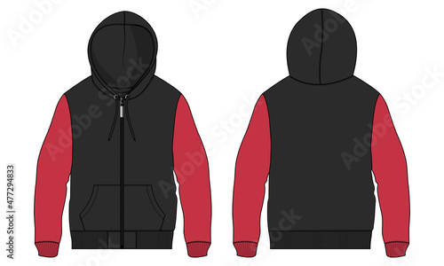 Two tone Red and black Color hoodie Technical Fashion flat sketch Vector illustration template front and back views isolated on white background.