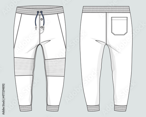 Fleece cotton fabric Jogger Sweatpants overall technical fashion flat sketch vector illustration template front, back and side views isolated on Grey background. 
