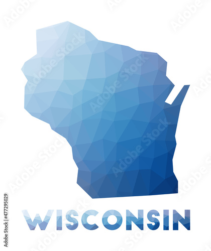 Low poly map of Wisconsin. Geometric illustration of the us state. Wisconsin polygonal map. Technology, internet, network concept. Vector illustration.