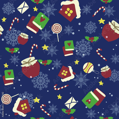 Seamless handdrawn Christmas pattern with jars of jam, books, letters, snowflakes, candies and Christmas balls on the dark blue background