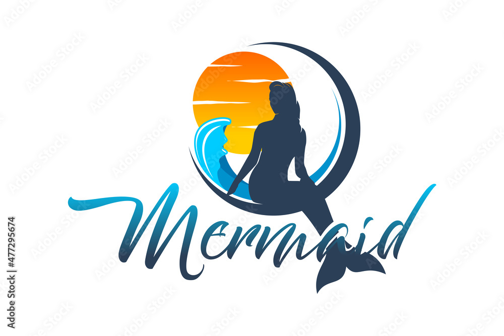 Obraz premium Silhouette Mermaid with drink glass at Sunset Beach for Cafe Bar Logo design