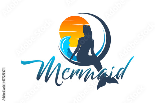 Silhouette Mermaid with drink glass at Sunset Beach for Cafe Bar Logo design