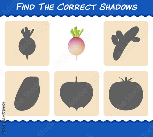 Find the correct shadows of cartoon turnip. Searching and Matching game. Educational game for pre shool years kids and toddlers