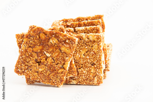 Makar Sankranti Or Lohri Mithai Mungfali Badam Chikki Also Known As Kozinaki, Gud Chikky Patti, Gajak, Gajjak, Gazak, Gachak, Til Patti Or Gur Papadi Is Made Of Sesame Seeds, Nuts And Gur