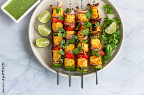 Photography Indian Grilled Cottage Cheese with Green Chutney Directly Above Photo