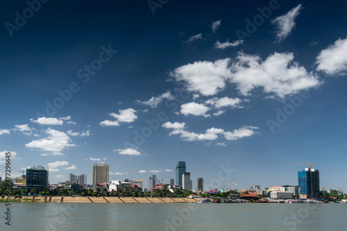 Phnom Penh city riverside skyline modern buildings in Cambodia