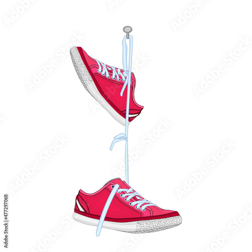 Shoes hanging on nail isolated on white background. Pair of sports footwear hang on peg.Vintage red sneakers hang on shoelace on spike. Sports and casual shoes.Shoe dangle on laces.Vector illustration photo