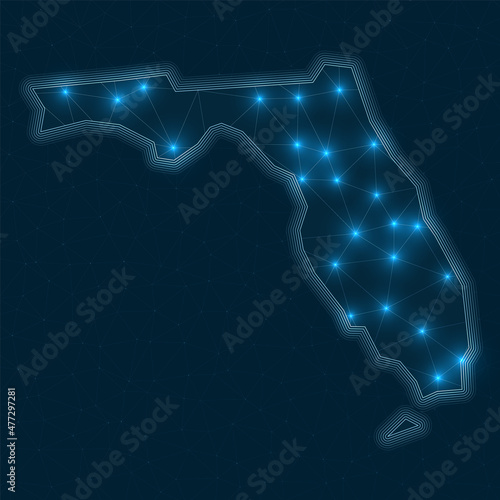 Florida network map. Abstract geometric map of the US state. Digital connections and telecommunication design. Glowing internet network. Classy vector illustration.