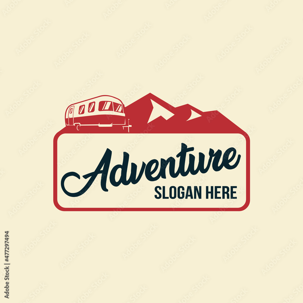 Adventure caravan in mountain background emblem badge logo design