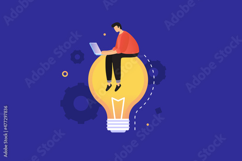 Man with a laptop sits on a bright light bulb. Symbol of new constructive ideas and inventions. Creative thinking sign. Flat vector illustration on isolated blue background.