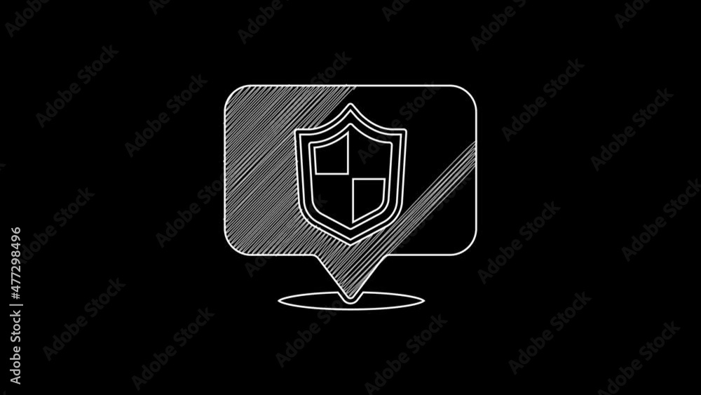 White line Location shield icon isolated on black background. Insurance concept. Guard sign. Security, safety, protection, privacy concept. 4K Video motion graphic animation White line Location shield icon isolated on black background. Insurance concept. Guard sign. Security, safety, protection, privacy concept. 4K Video motion graphic animation