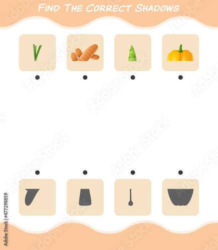 Find the correct shadows of cartoon vegetables. Searching and Matching game. Educational game for pre shool years kids and toddlers