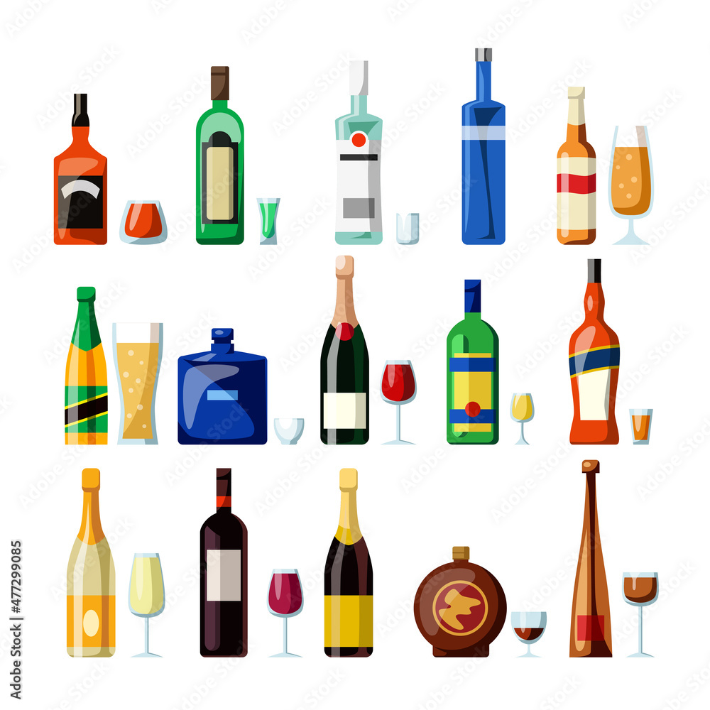 Alcoholic beverages in glasses and bottles of different shape with labels cartoon vector illustration set. Beer, wine, whiskey and other alcohol drinks. Icons of bar menu isolated on white background Alcoholic beverages in glasses and bottles of different shape with labels cartoon vector illustration set. Beer, wine, whiskey and other alcohol drinks. Icons of bar menu isolated on white background