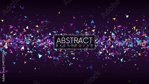 Abstract background with flowing colorful glowing triangular fragments. Futuristic header or banner with sharp debris of abstract broken glass. Vector background