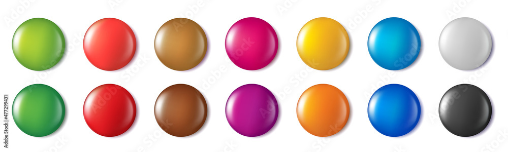 Realistic 3d Blank Circle Button Badge Pin Set. Vector Empty Emblems Realistic 3d Blank Circle Button Badge Pin Set. Vector Empty Emblems