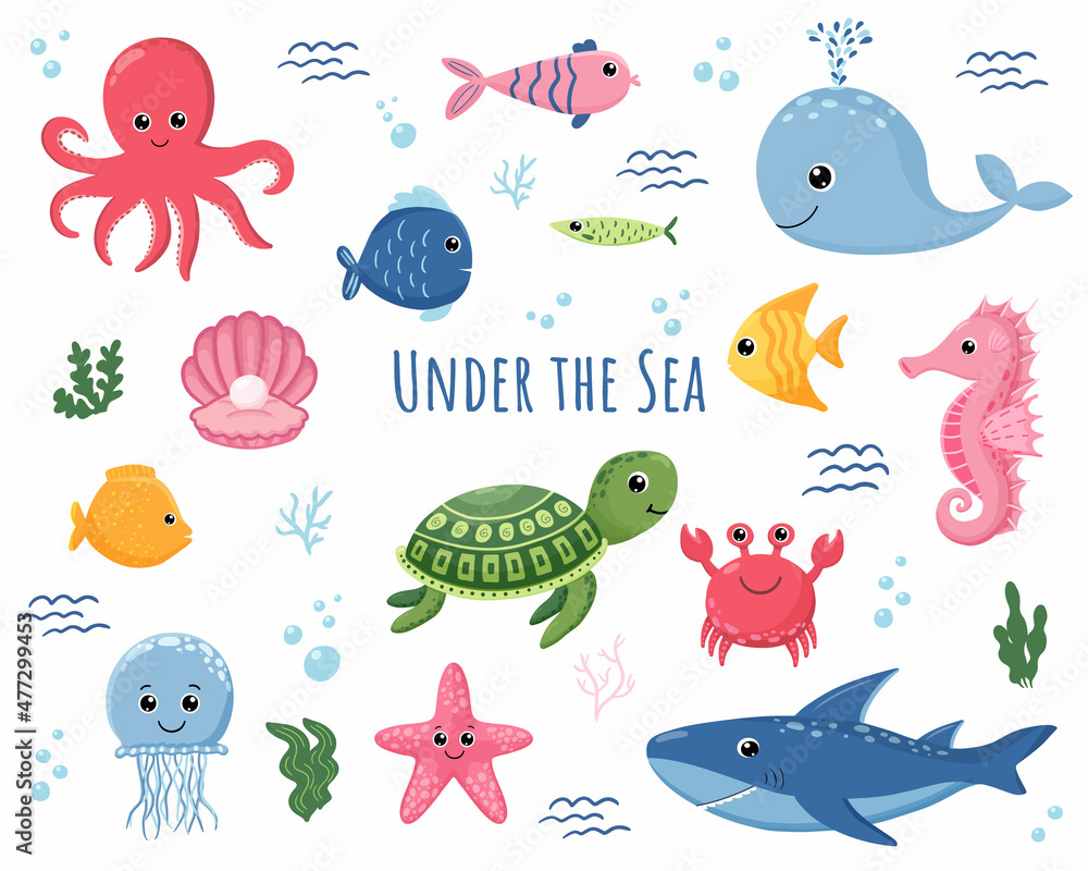 Cartoon sea animals. Cute ocean fish, octopus, shark and turtle, jellyfish, crab and seal, fishes Underwater wildlife creatures vector illustration set.