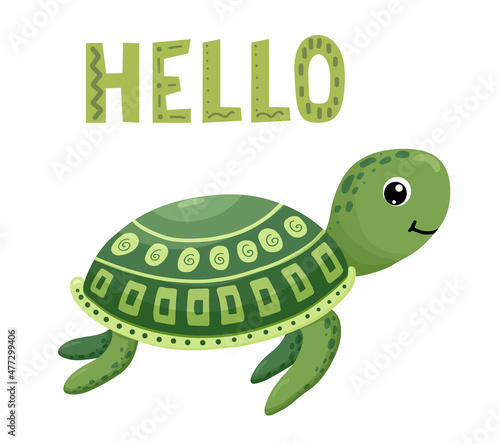 cartoon green turtle with sign Hello. isolated on white background. Vector
