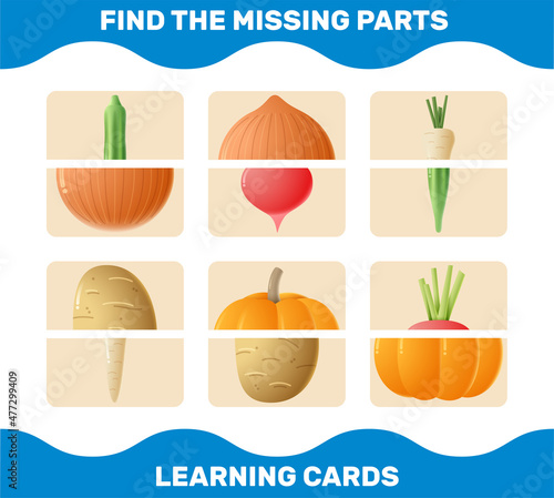 Match cartoon vegetables parts. Matching game. Educational game for pre shool years kids and toddlers