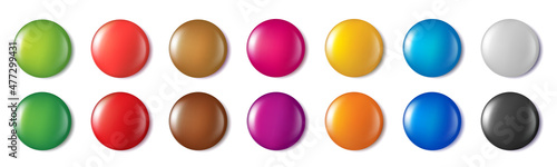 Realistic 3d Blank Circle Button Badge Pin Set. Vector Empty Emblems