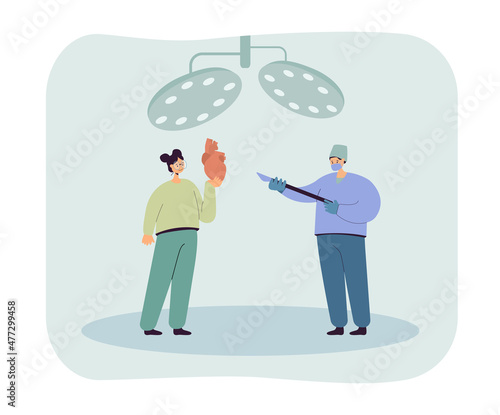 Cartoon doctor in mask performing heart surgery. Woman holding big human heart, surgeon with scalpel flat vector illustration. Cardiology, medicine, health concept for banner or landing web page