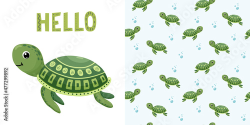 cartoon green turtle with sign Hello. Childish seamless pattern with turtle. Perfect for kids apparel,fabric, textile, nursery decoration,wrapping paper.Vector
