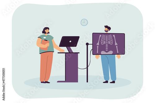 Cartoon patient getting X-ray during medical checkup in clinic. Doctor making diagnosis using body scanner, diagnostics research flat vector illustration. Radiology concept for banner, website design