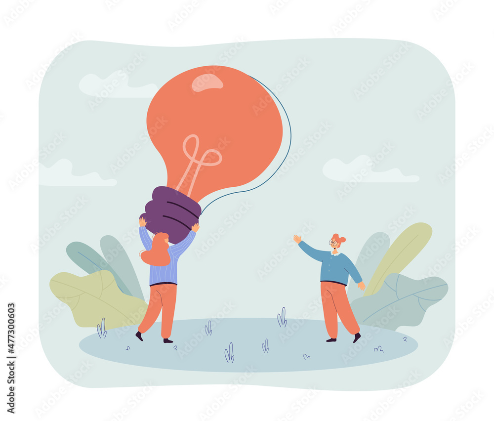 Tiny female office workers with innovative idea. Woman holding giant lightbulb flat vector illustration. Teamwork, startup, creativity concept for banner, website design or landing web page Tiny female office workers with innovative idea. Woman holding giant lightbulb flat vector illustration. Teamwork, startup, creativity concept for banner, website design or landing web page
