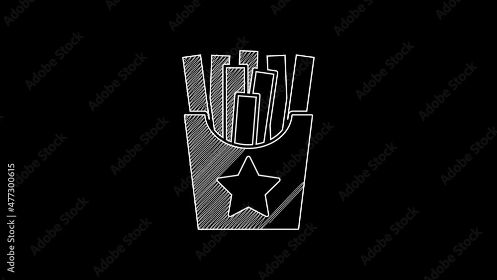 White line Potatoes french fries in carton package box icon isolated on black background. Fast food menu. 4K Video motion graphic animation White line Potatoes french fries in carton package box icon isolated on black background. Fast food menu. 4K Video motion graphic animation