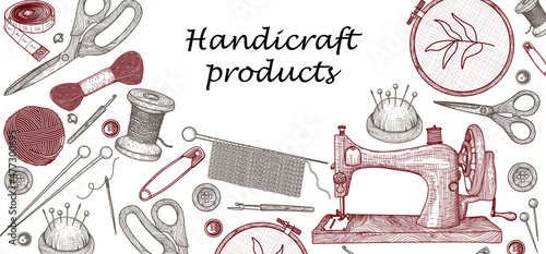 Vector illustration of a horizontal banner template with graphic handicraft products. Embroidery, knitting, sewing