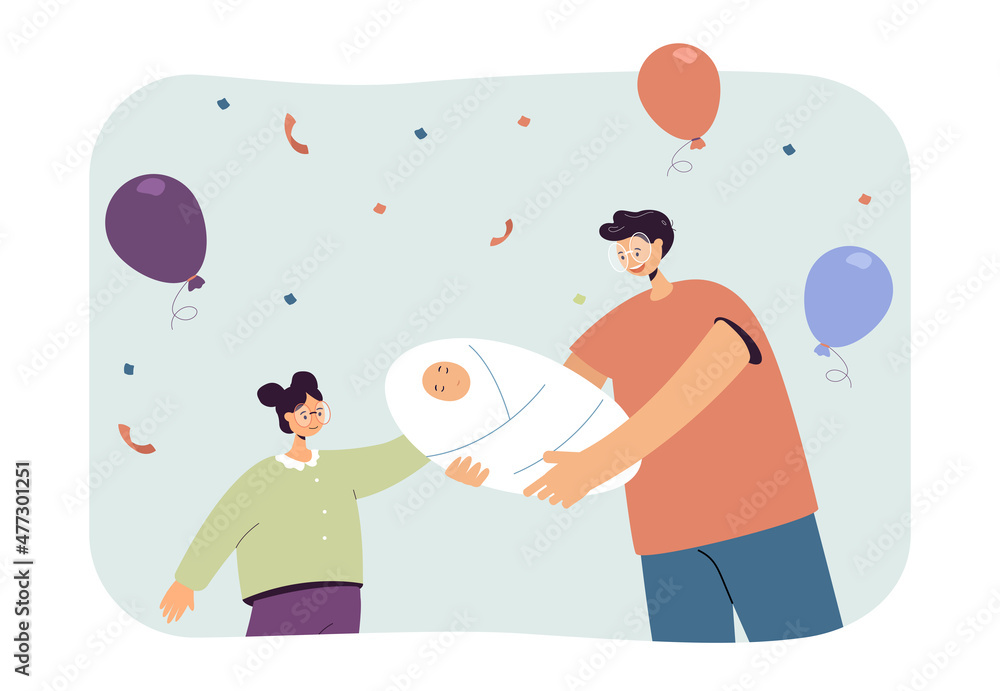 Happy father giving newborn baby to daughter. Balloons and confetti, man holding child flat vector illustration. Family, celebration, love concept for banner, website design or landing web page Happy father giving newborn baby to daughter. Balloons and confetti, man holding child flat vector illustration. Family, celebration, love concept for banner, website design or landing web page