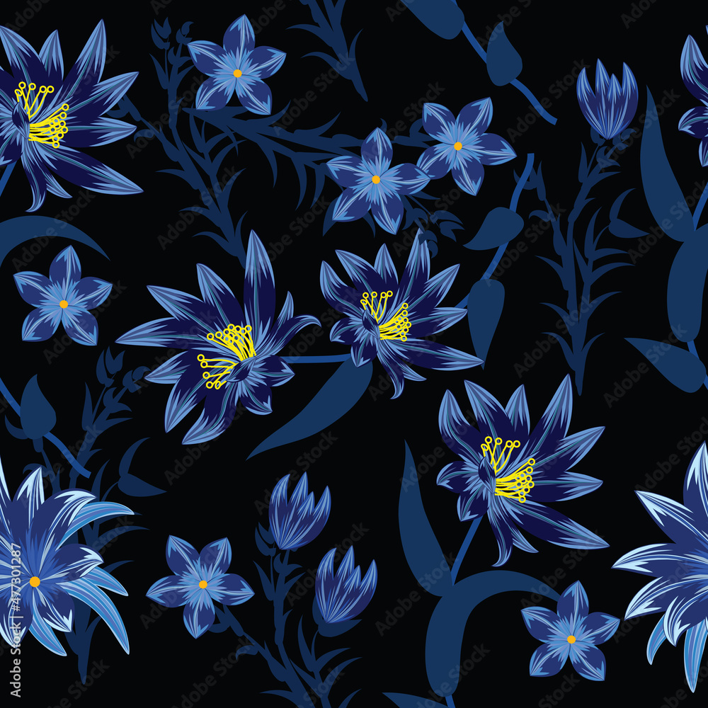 Seamless pattern with blue flowers on black background. Floral ...