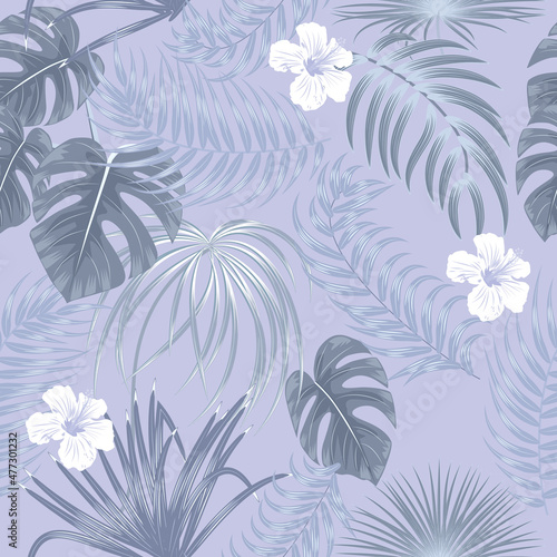 Seamless pattern with silver tropical palm leaves and flowers on white background.  Floral decorative illustration vector  for print design