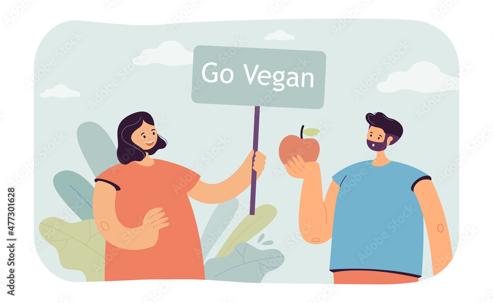 Activist showing go vegan placard to man eating apple. Vegan woman promoting veganism flat vector illustration. Healthy lifestyle, diet, food concept for banner, website design or landing web page