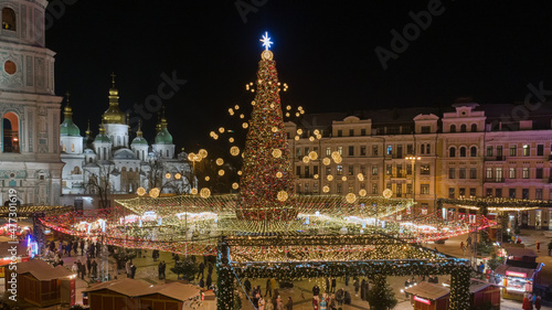 Beatiful view of Christmas on Sophia Square in Kyiv, Ukraine. Main Kyiv's New Year tree and Saint Sophia Cathedral on the background view