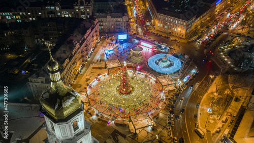 Beatiful view of Christmas on Sophia Square in Kyiv, Ukraine. Main Kyiv's New Year tree and Saint Sophia Cathedral on the background view