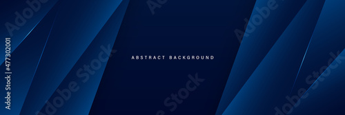 Abstract dark blue gradient horizontal banner background with overlay geometric triangle shapes and glowing line. Modern paper cut texture design with space for text. Suit for poster, cover, header
