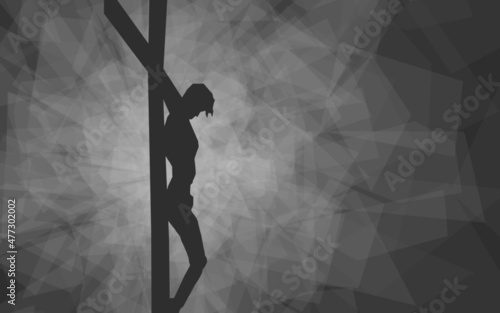 The crucifixion of Jesus Christ, silhouette in gray tones, with geometric glowing light behind Him.
