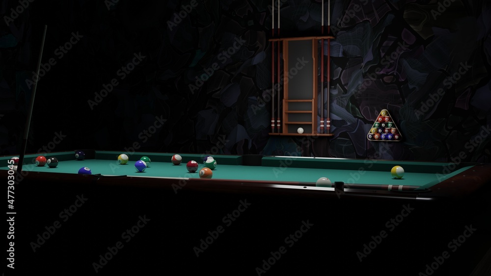 Photography Billiard balls on the table with a cue