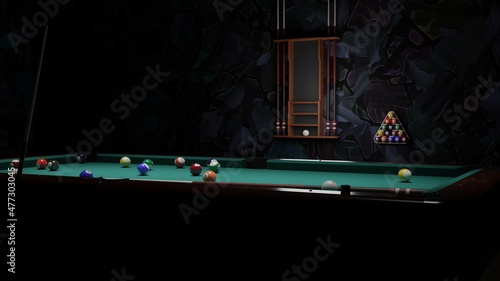Photography Billiard balls on the table with a cue