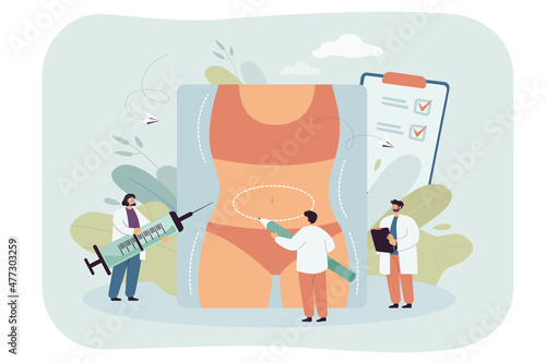 Tiny doctors examining human body before bariatric surgery. Breast augmentation, weight reduction flat vector illustration. Beauty, fitness, liposuction concept for banner or landing web page