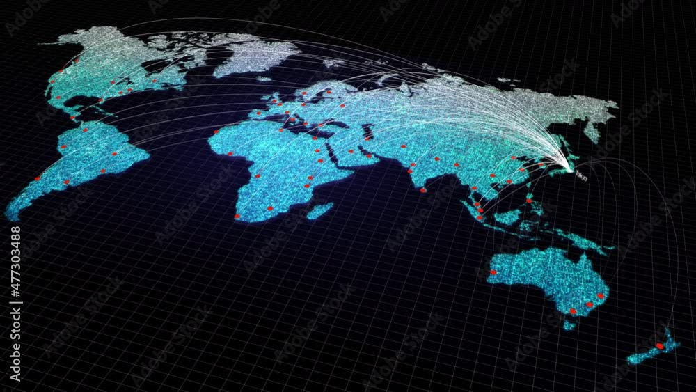 Global connectivity from Tokyo, Japan to other major cities around the world. Technology and network connection, trading and traveling concept. World map element of this clip furnished by NASA Global connectivity from Tokyo, Japan to other major cities around the world. Technology and network connection, trading and traveling concept. World map element of this clip furnished by NASA